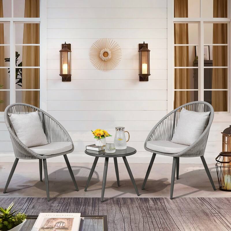 Patio 3 Pieces Cushioned Wicker Bistro Set Rattan Chair Set with Coffee Table - Grey