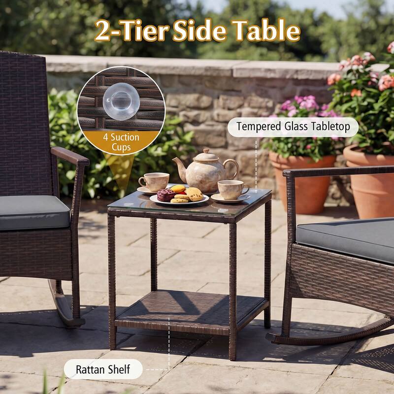 Costway 3 Piece Patio Rocking Set Wicker Rocking Chairs with 2-Tier - See Details