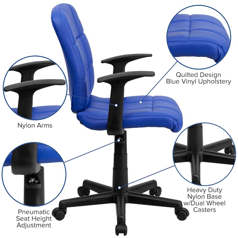 Mid-Back Quilted Vinyl Swivel Task Office Chair with Arms