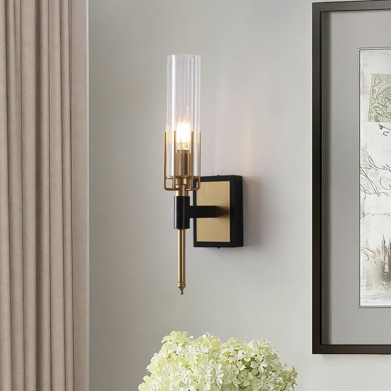 Black and Gold Wall Sconce with Clear Glass Shade E12 Base