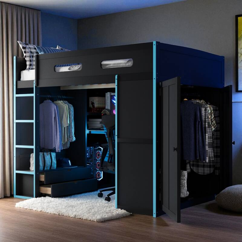 Full Size Loft Bed with Desk, RGB LED Lights, Wardrobes, Drawers and USB Charging Port for Teens and Gamers