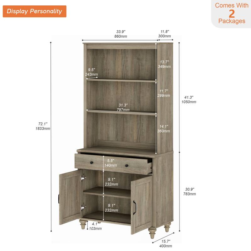 Wash Gray Bookcase with Doors, Large Wood Farmhouse Book Case Shelf - wash grey