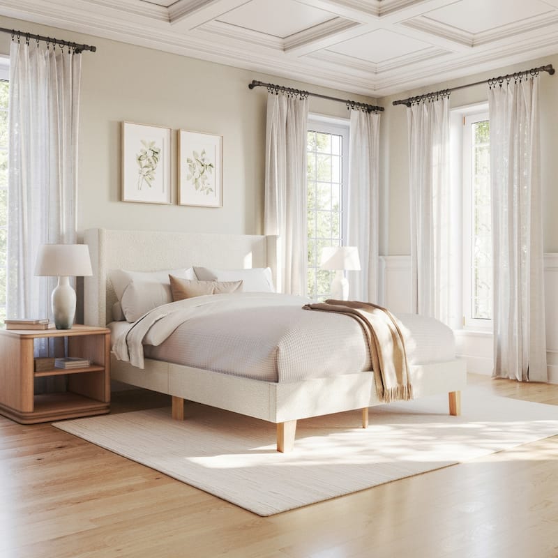Martha Stewart Upholstered Platform Bed with Wingback Headboard - Off-White - Queen