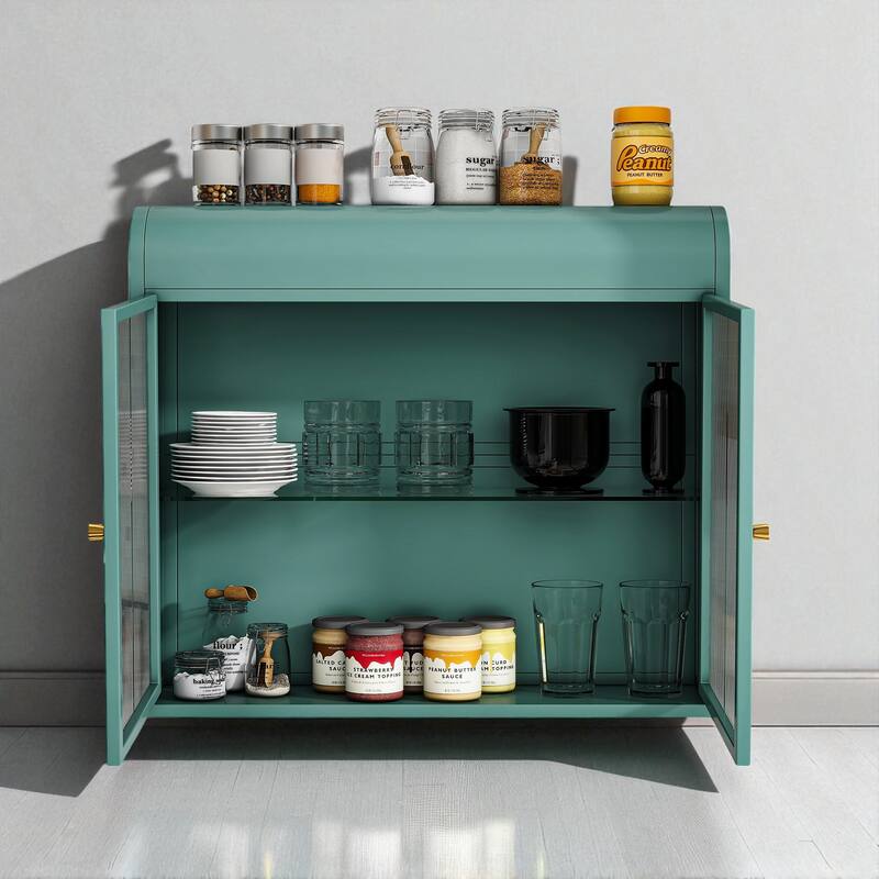 2-Door Wall-Mounted Metal Storage Cabinet with Glass Shelves for Bathroom, Kitchen & Office, Chrome Knobs