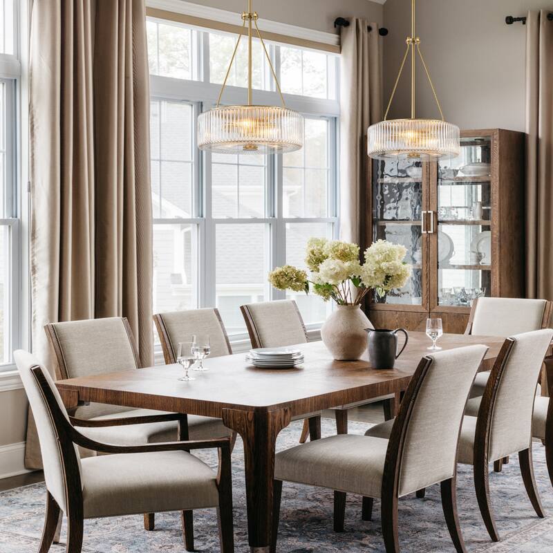 13.9 in. 3-Light Gold Chandelier Ripple Glass Pendant Light