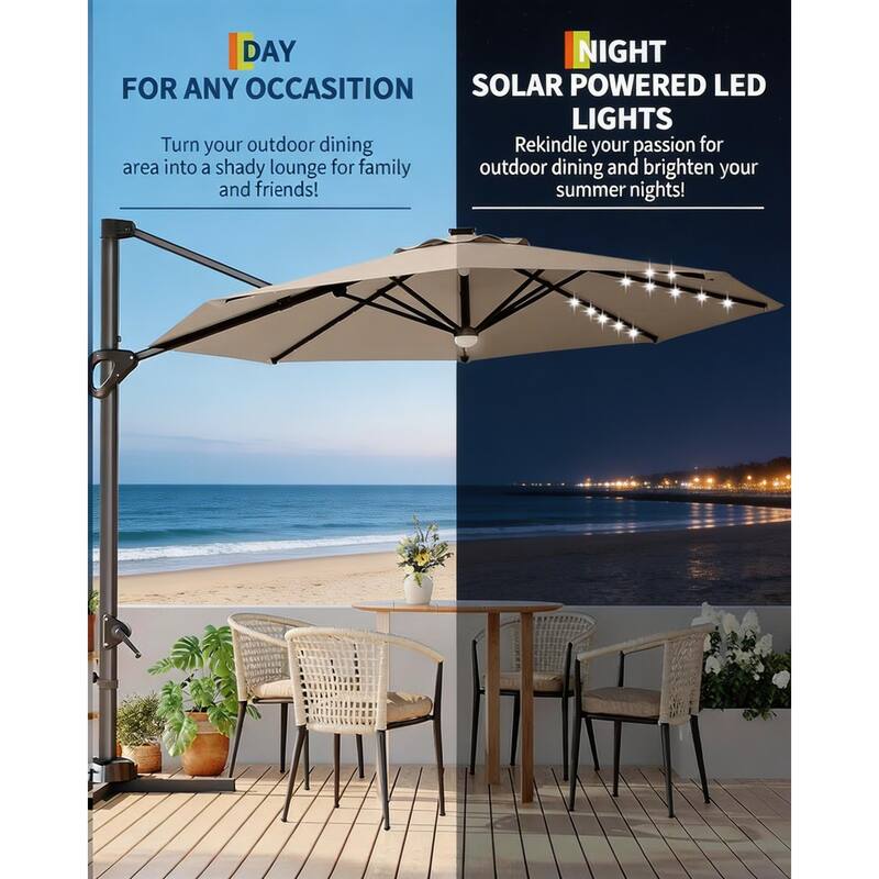 10FT Outdoor Cantilever Umbrella, 360-Degree Rotation, with LED