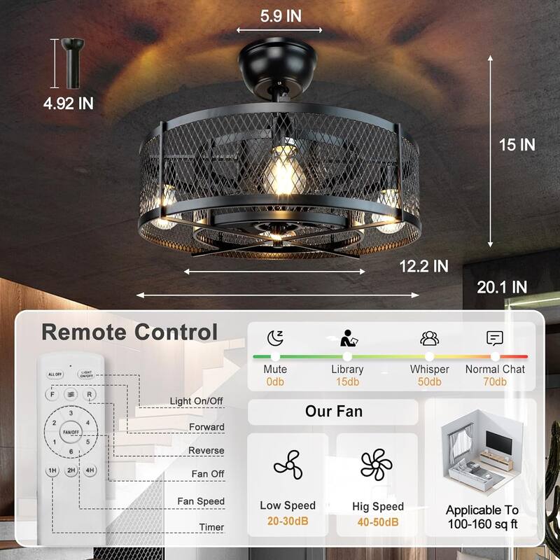 Cage Ceiling Fan with Light and Smart Control for Bedroom, Farmhouse
