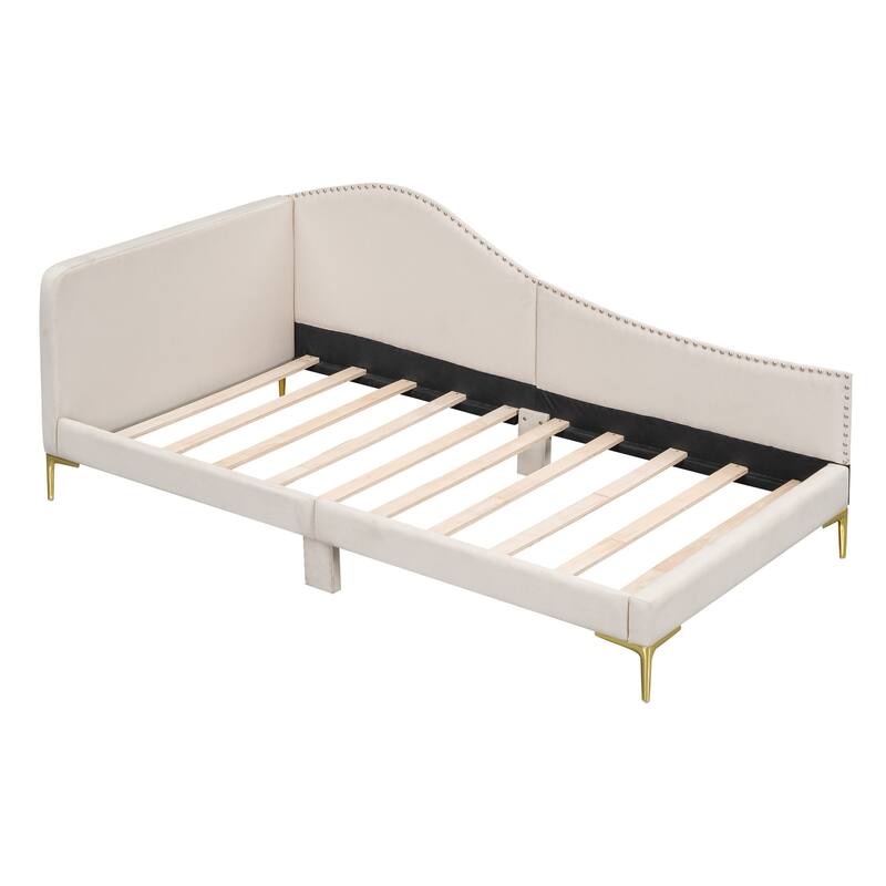 Twin Size Upholstered Daybed with Headboard, Armrest, and Support Legs in Beige