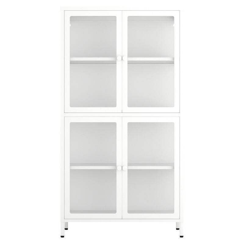 Storage Cabinet with 4 Glass Doors, Modern Sideboard Cabinet with Adjustable Shelves & Steel Feet, Accent Cabinet for Kitchen