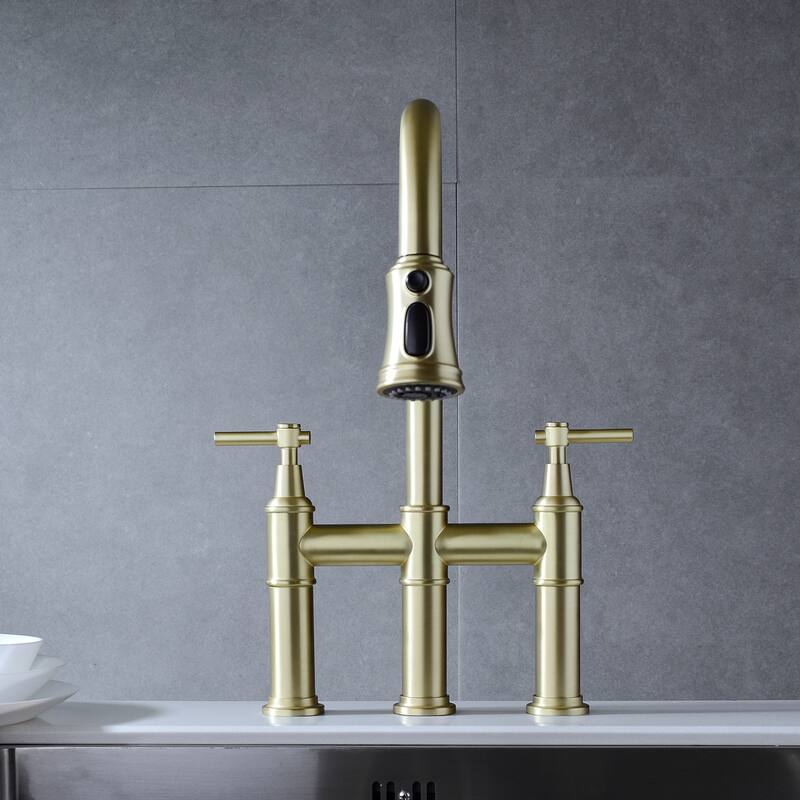 Double-Handle Bridge Kitchen Faucet with Pull-Down Sprayer