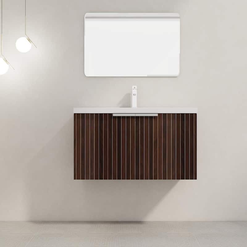 Bathroom Vanity With Sink In 24/30/36 Inch, Floating Bathroom Vanity With Soft Close Door - 35.4"W x 18.1"D - Silver-Black Stripe