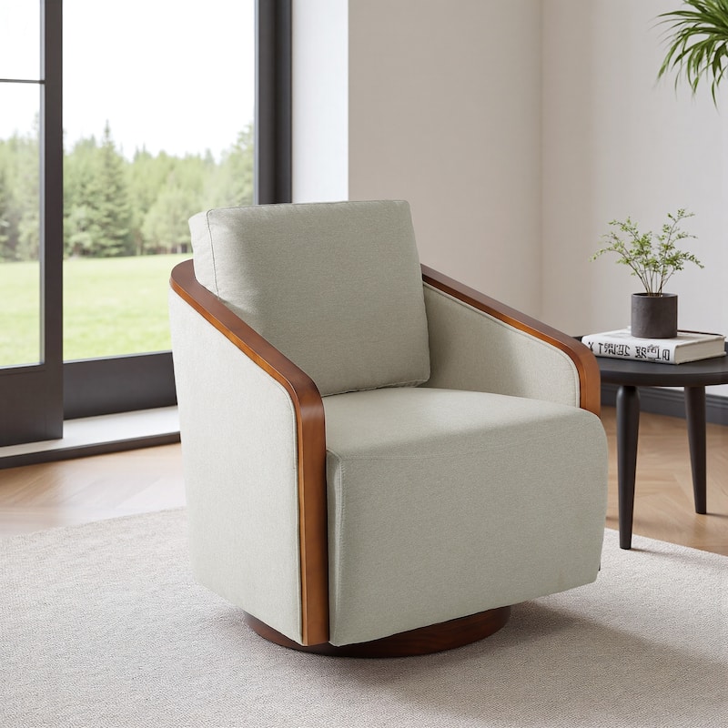Upholstered Swivel Barrel Chair with Curved Wood Arms
