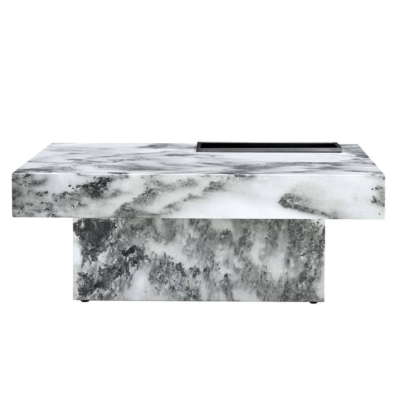 31.4" Faux Marble Coffee Table with Storage, Modern Square End Table Wood Accent Table for Living Room, Home Office