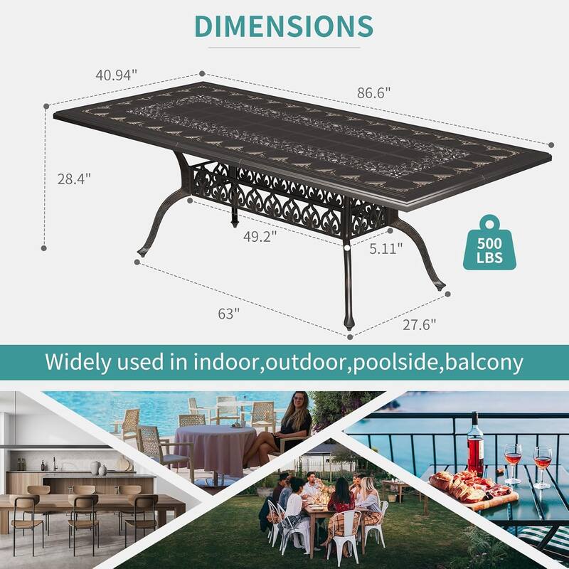 86.6" Outdoor Dining Table for 6-8, Weather-Resistant Cast Aluminum Patio Table