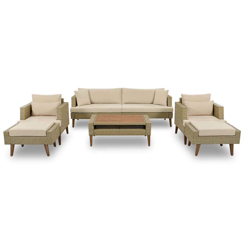 All-Weather PE Wicker Sofa Set with Double Cushions & Wood Legs, 6-Piece Outdoor Rattan Sectional