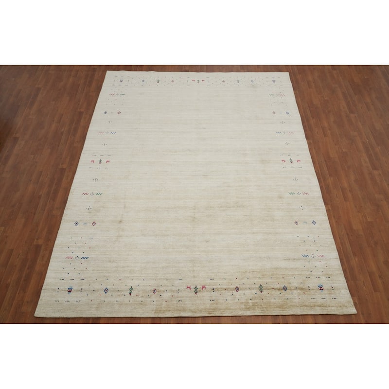 Hand Knotted Oriental Viscose Silk Carpet Tribal Animal Pictorial Beige & Ivories Gabbeh Area Rug - 11' 9'' X 8' 8''