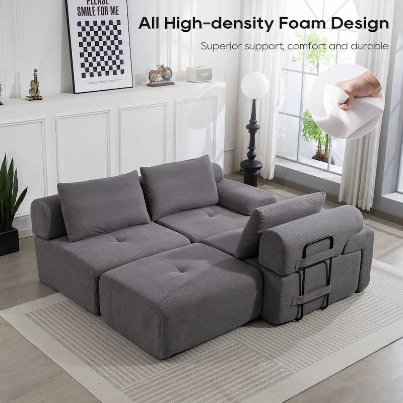 Corduroy Modular Sleeper Sofa Bed with Ottoman, L-shaped Sectional Couches for Living Room with Memory Foam and Steel Frame