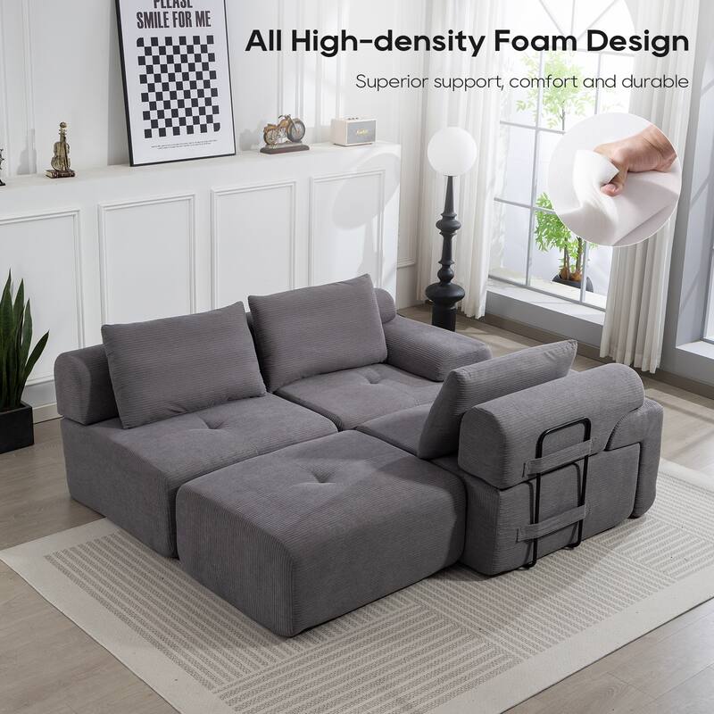 L-Shaped Convertible Sectional Sofa Bed with Memory Foam & Steel Frame, Corduroy Fabric, Grey