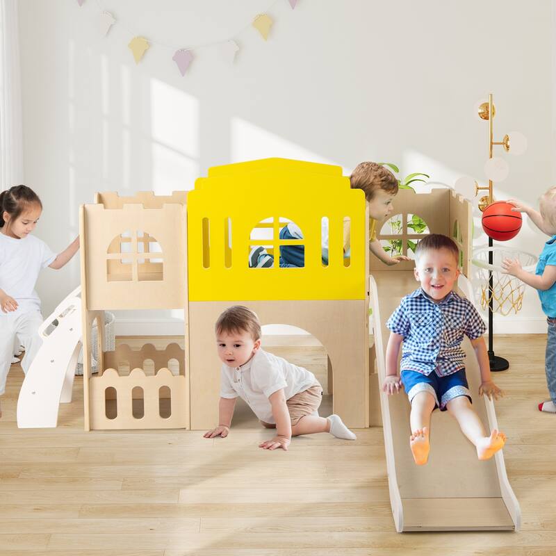 Gymax 7-in-1 Toddler Slide Set Wooden Castle-Shaped Entertainment