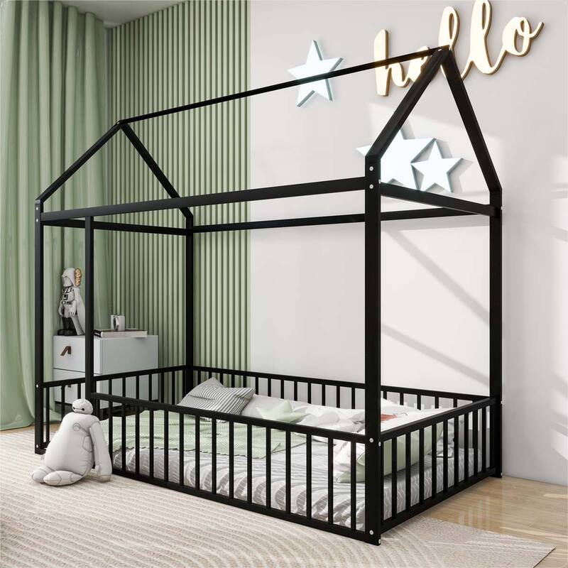 Twin Size Metal Bed House Bed Frame with Fence - Black