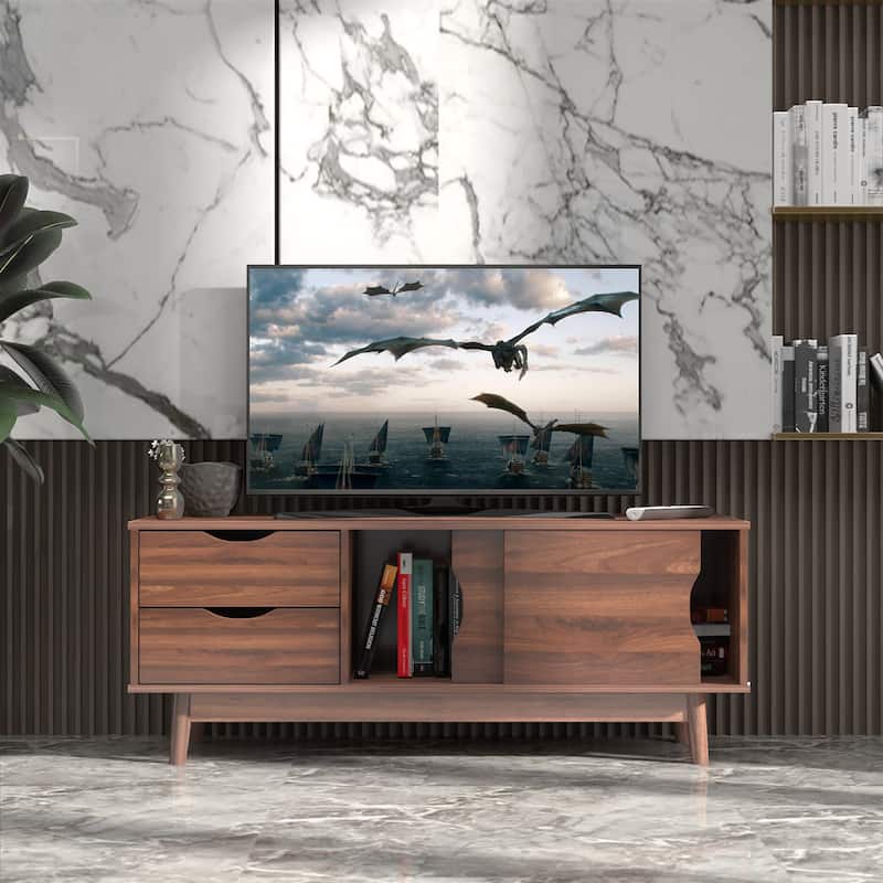 Modern TV Stand Wood TV Console Table with Sliding Doors