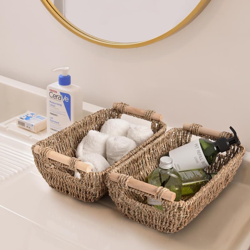 2-Pack Hand-Woven Storage Baskets with Wooden Handles, Wicker Basket for Organizing, Gift Choice