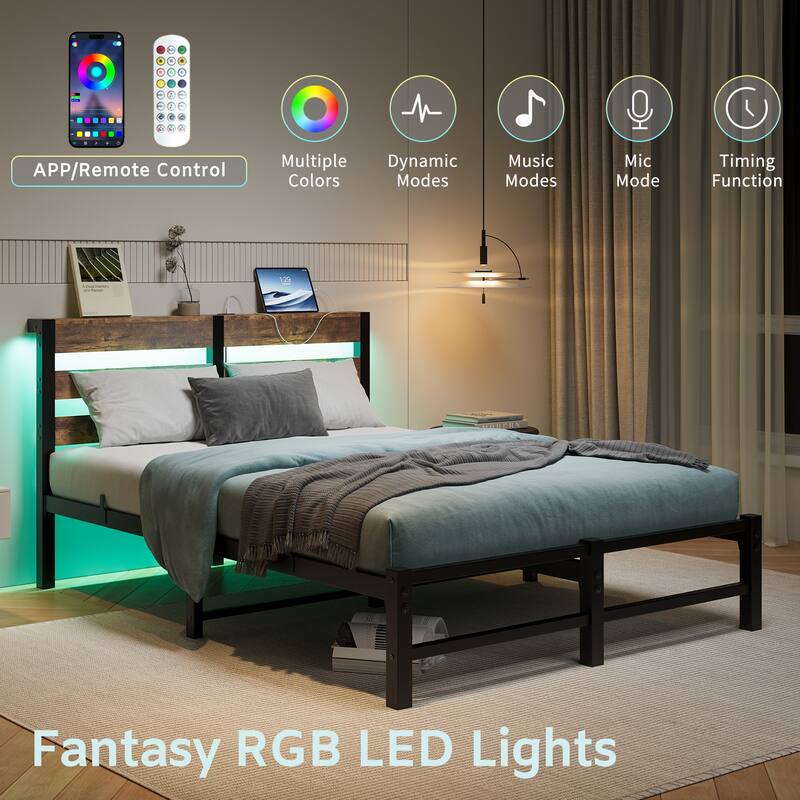Full Size Bed Frame with USB Charging Station, LED Strips, Under-Bed Storage, and Heavy Duty Metal Slats for Maximum Stability