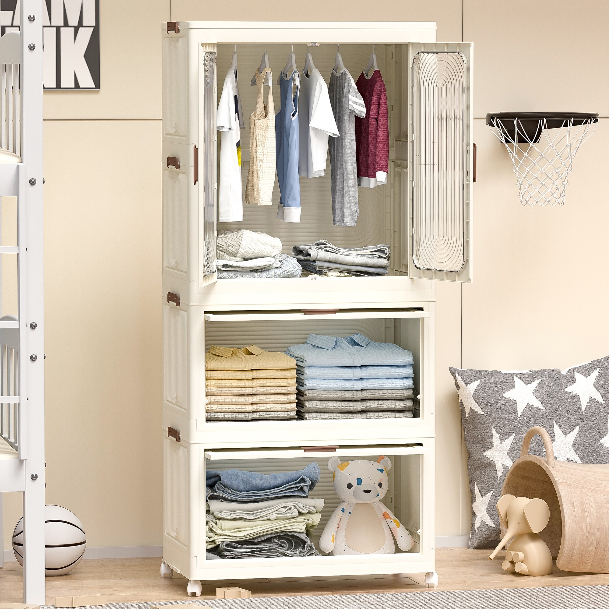 Portable Kids Closet Children s Baby Wardrobe Armoire with 4 Cubes Hanging Rod Folding Clothes Storage Cabinet with Wheels