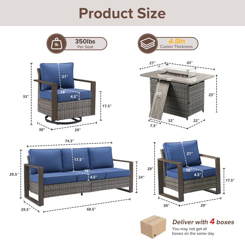 Meyreso Wicker Outdoor Patio Fire Pit Set with Swivel Gliders and Olefin Cushions