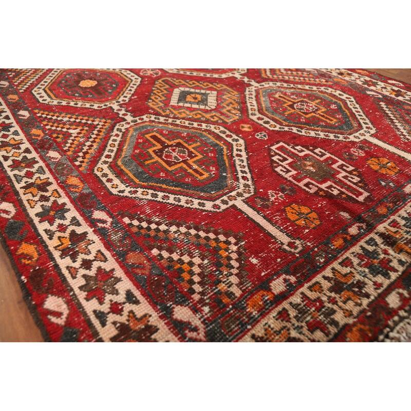 Red Geometric Distressed Bakhtiari Persian Vintage Wool Carpet - 5'0"x 10'1"