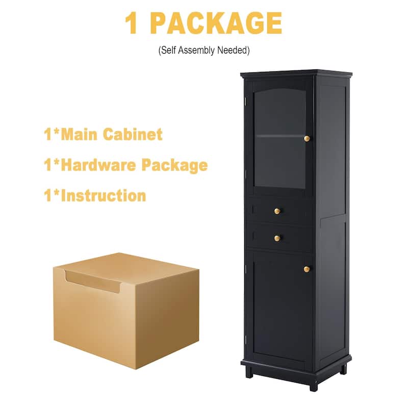 Tall Free-Standing Bathroom Storage Cabinet with Glass Doors and Two Drawers