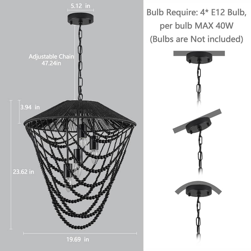 4-light Black Beaded Chandelier - 19.69"x19.69"x23.62"