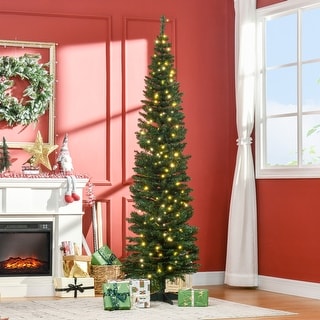 HOMCOM 7ft Tall Pre-Lit Slim Noble Fir Artificial Christmas Tree with Realistic Branches, 200 Warm White LED Lights, Green