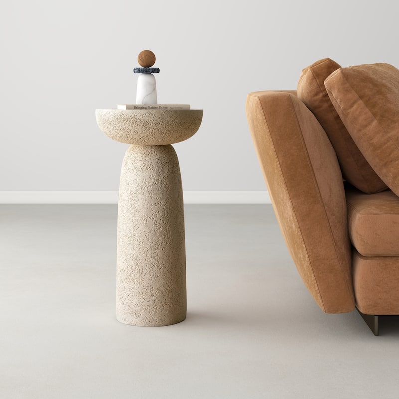 Travertine Stone Finish End Table Accent Side Table - Beige