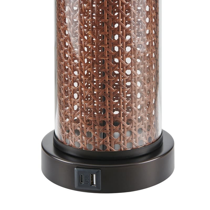 KAWOTI Modern Table Lamp with USB Charging Ports&AC Outlet, Glass&Rattan Design - W12" x H23.5" (Set of 2)