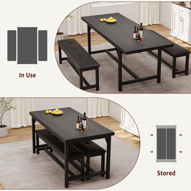 Dining Table Set for 4-6, 63" Extendable Wood Dining Room Table with Corner Protector & 2 Upholstered Benches