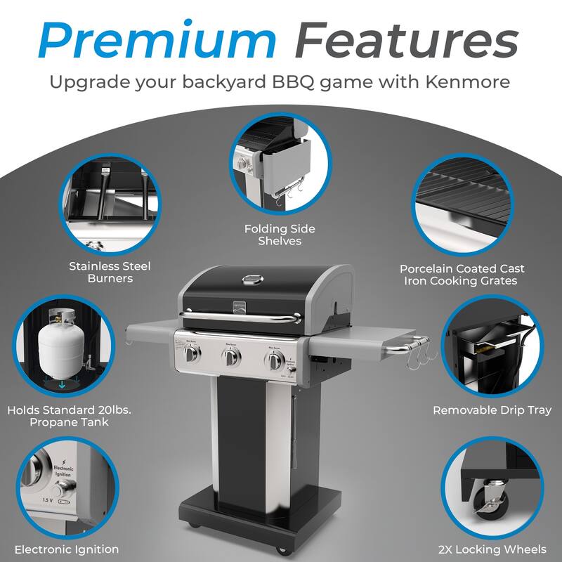 Kenmore 3-Burner Propane Gas Grill with Foldable Side Shelves