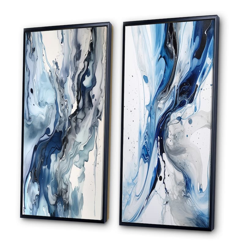 Designart "Blue and Grey Ethereal Elixir" Abstract Framed Wall Art Set Of 2 - Blue Gallery Set For Office Decor
