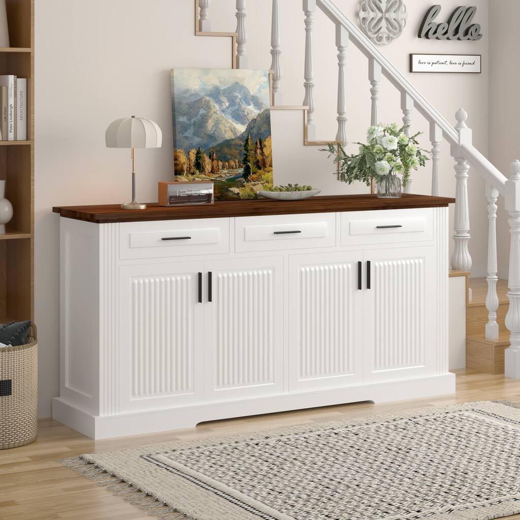 Buffet Sideboard Storage Cabinet with 3 Drawers & 4 Doors, Kitchen Accent Buffet Console Table Credenza with Adjustable Shelves