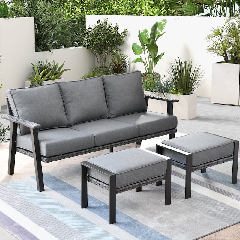 OVIOS Outdoor 3-piece Wicker Sectional Sofa Set With Ottoman Steel Frame - Grey