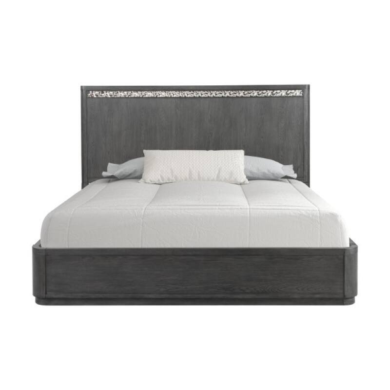 Zoko King Bed with Panel Style Headboard, Chrome, Ash Gray Solid Wood