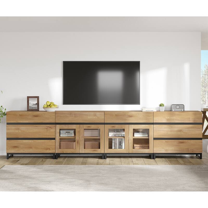 4-in-1 TV Stand for 120" TVs, Console with Glass Doors & 8 Drawers