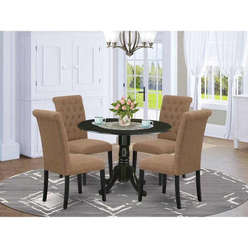 HomeStock 5-Piece Round Black Finish Solid Wood Top Dining Table with 4 Parson Chair with Drop Leaf Lattice Back