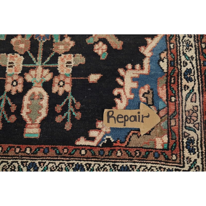 Dark Blue Hamedan Vintage Persian Runner Rug Hand-Knotted Wool Carpet - 3'7" x 10'1"