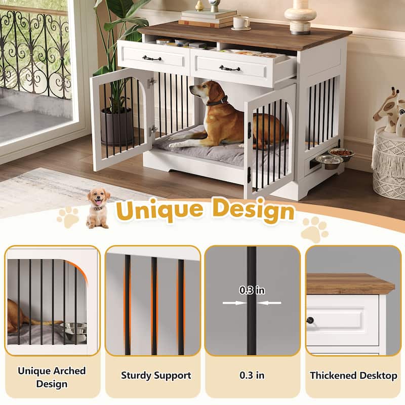 43.3" Dog Crate Furniture, Heavy Duty Indoor Dog Kennel with 2 Storage Drawers, Dog Cage with Side Doors for Medium Large Dogs