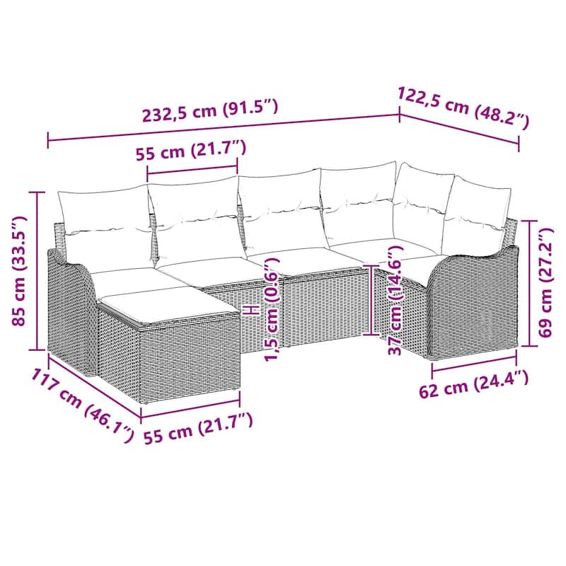 vidaXL 6/7 Garden Sofa Set with Cushions Black/Brown/Grey Poly Rattan - 91.5 x 48.2 x 27.2