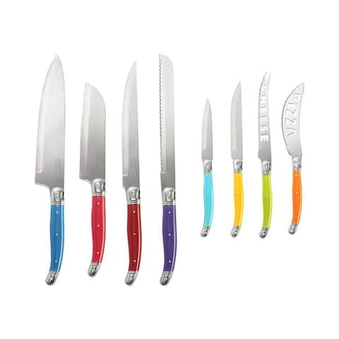 French Home 8 Piece Laguiole Kitchen Knife Set with Wood Block, Rainbow Colors