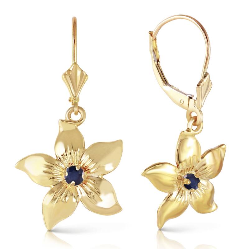 14K Solid Gold Leverback Flowers Gemstone Earrings w/ Sapphires - Yellow