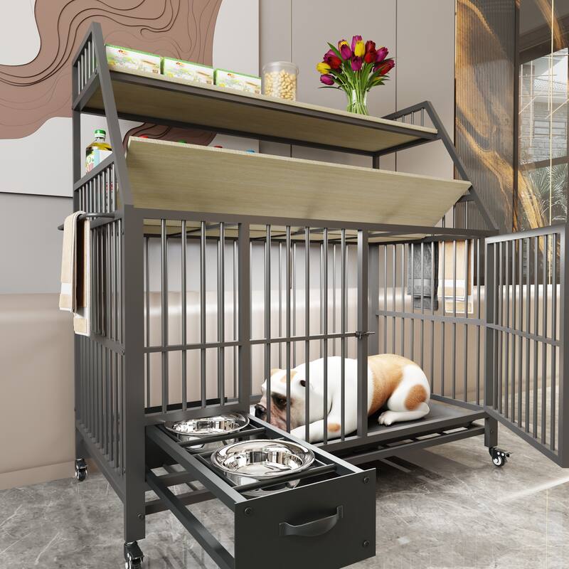 Large Pet Cage with Storage Rack, Drawers with Food and Water Basins, Double-Layer Storage Rack, Iron Frame and MDF Material - Beige+Black