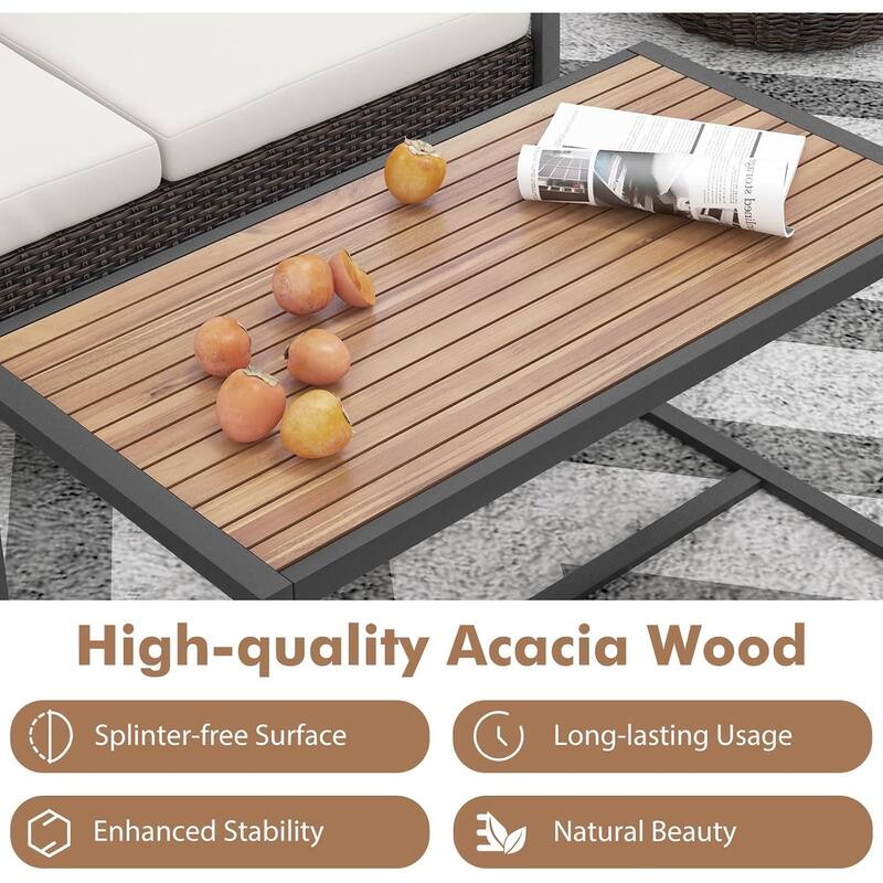 Gymax Set of 2 PE Wicker Furniture Set Loveseat w/ Acacia Wood Coffee